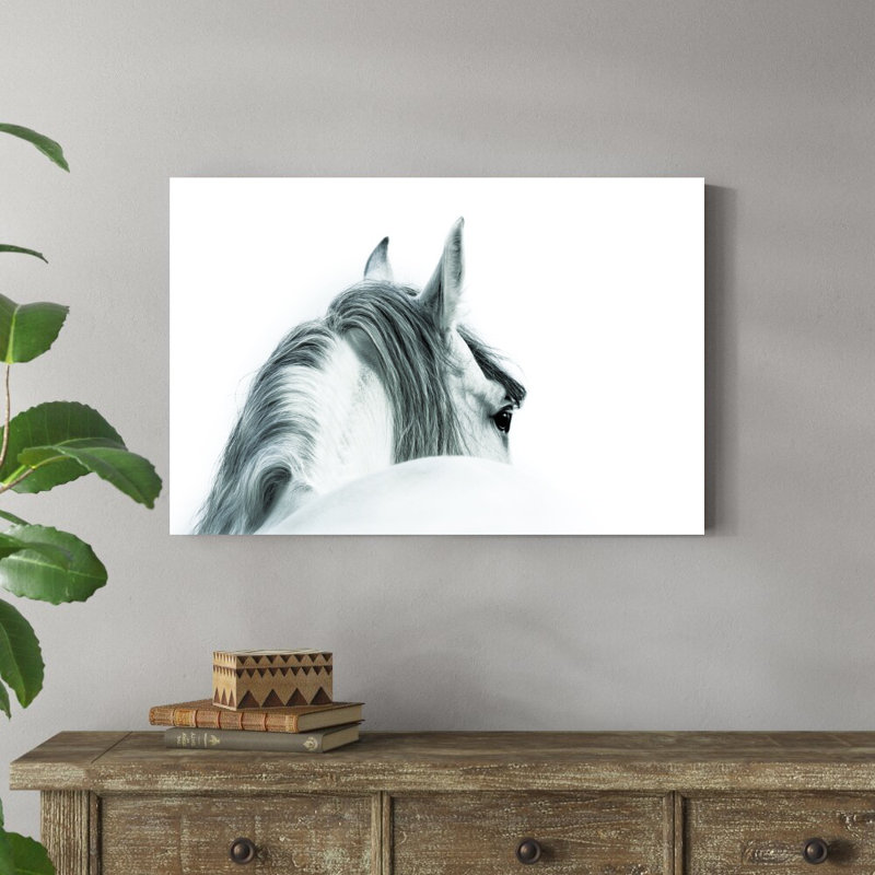 Cheval noir et blanc - Photographie sur toile tendue, H 24 po x l 36 po, Reproduction avec cadre noyer, Non