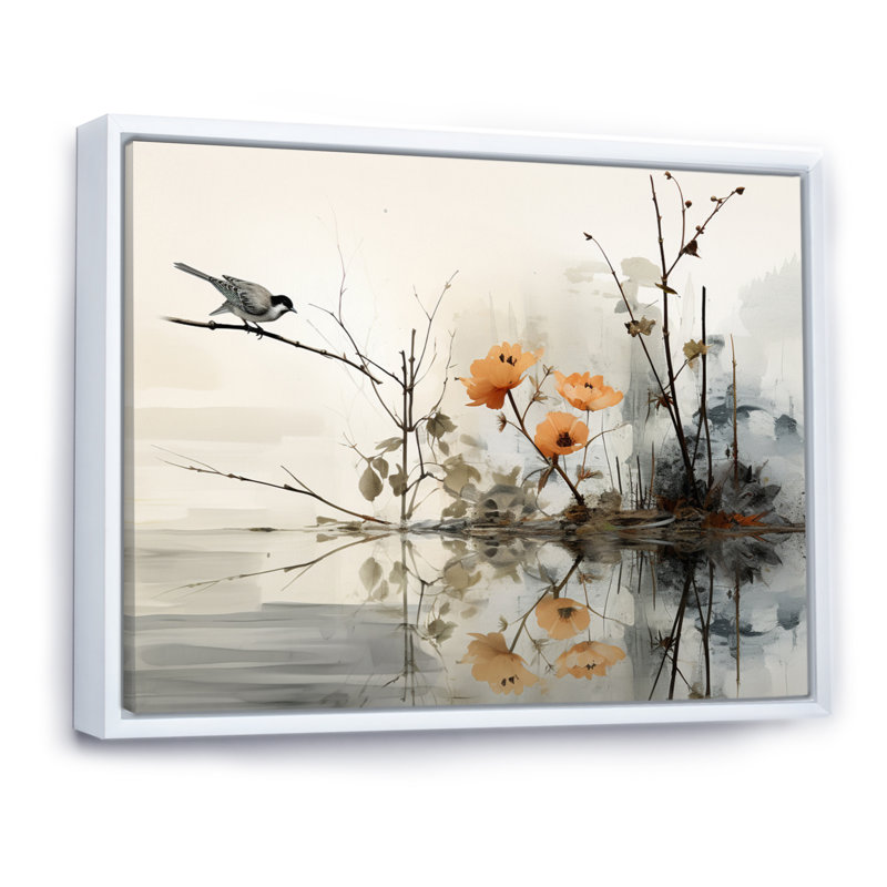 «Asian Art Sumi Bird Serenity XVIII», reproduction d'art sur toile, H 34 po x l 44 po x P 1,5 po, Cadre flottant blanc