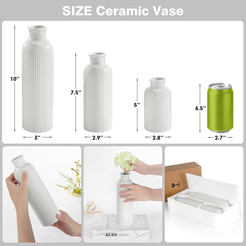 White Ceramic Vase Set Of 3, Boho Modern White Flower Vase Room Decor, Farmhouse Decor, Vases For Your Kitchen, Bathroom, Bedroom, Living Room, Office And Shelf Centerpiece Table Decorations