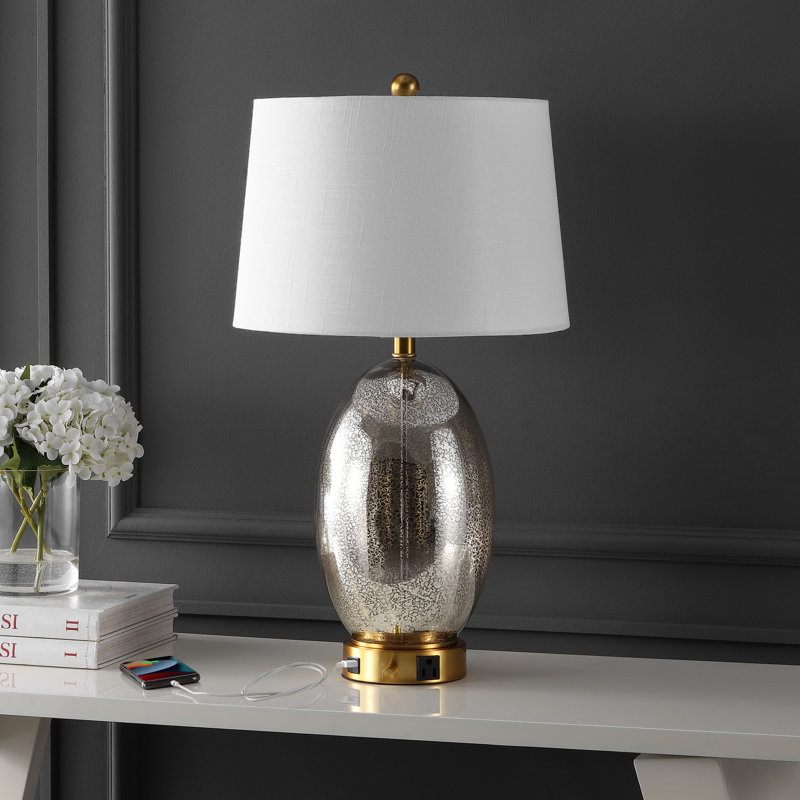 Tuscola Glass USB Bedside Table Lamp, Silver/Brass Gold