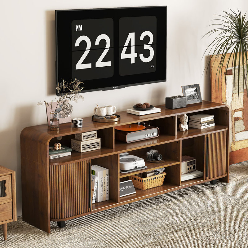 70 Inch Long Fluted Tv Stand For 75 65 80 Inch Tv,  Mid Century Modern Entertainment Center With Storage,  Adjustable Shelves, Sliding Doors