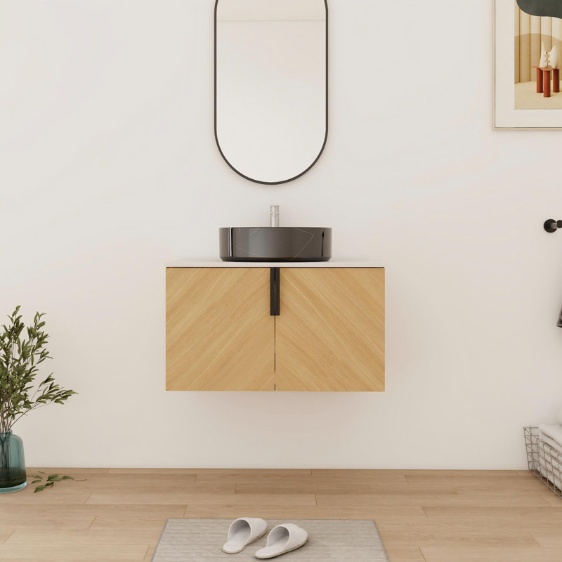 Meuble-lavabo mural simple 30 po avec comptoir en céramique, Noir / marbre blanc