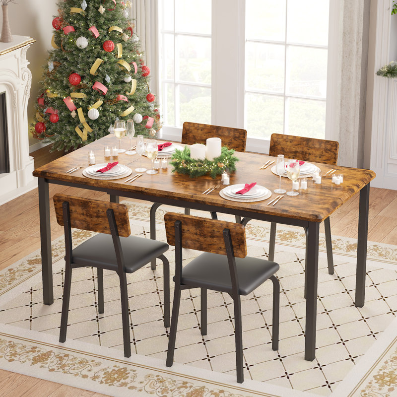 Ensemble de salle à manger extensible à abattants avec 4 chaises rembourrées, ensemble de table de cuisine 63 po pour 4 à 8 personnes, bois aggloméré, brun rustique