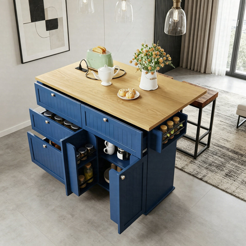 Farmhouse Kitchen Island With Drop Leaf & 2 Stools, Kitchen Table Set With Power Outlet, Storage Cabinet, Drawers, Spice Rack & Towel Bar
