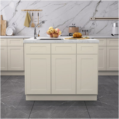 Armoires de base de lavabo avec tablette en contreplaqué blanc antique prêt à assembler