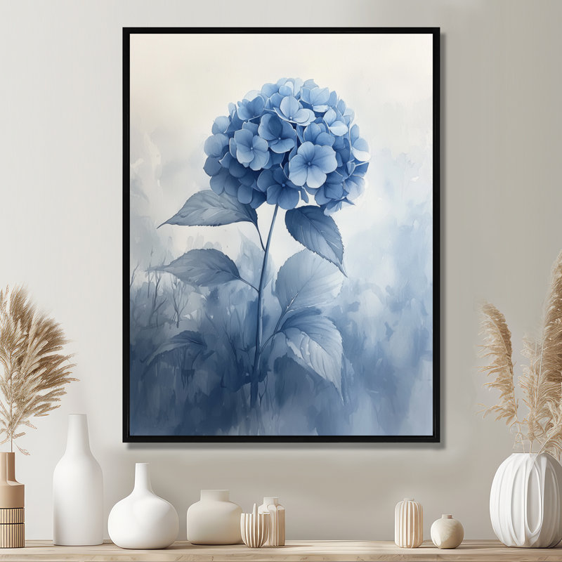 «Blue Hydrangeas In The Mist Dream II», art mural hydrangées, Noir, Impression encadrée flottante, H 32 po x l 16 po