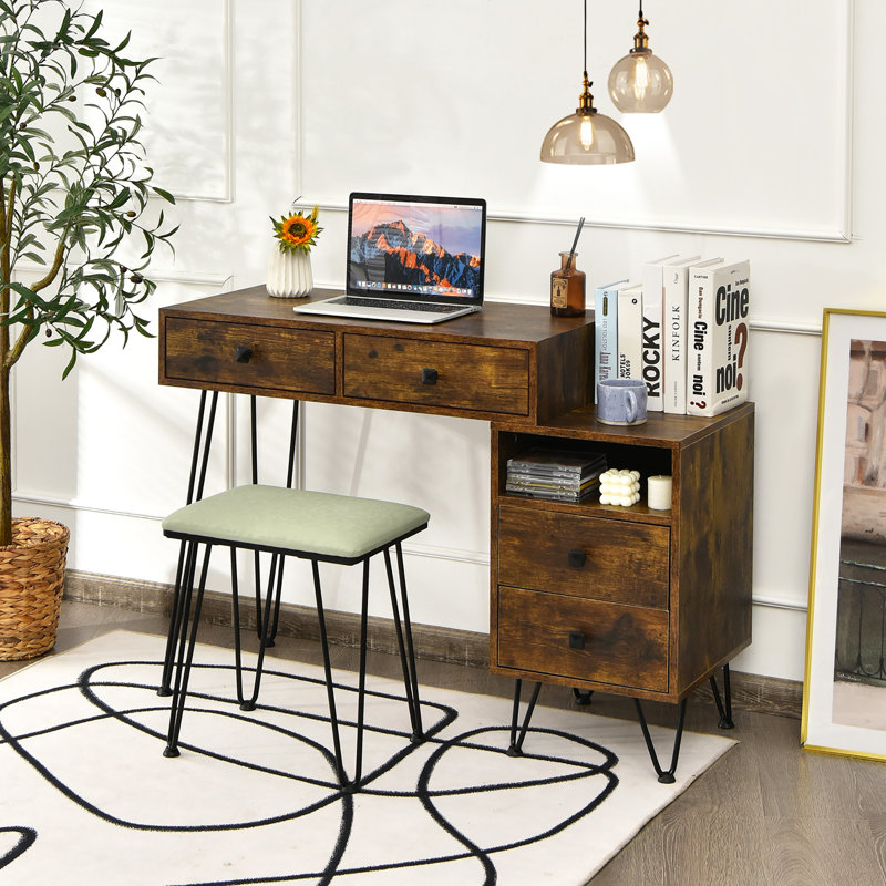 Vanity Table Stool Set with Mirror, Brown/Black