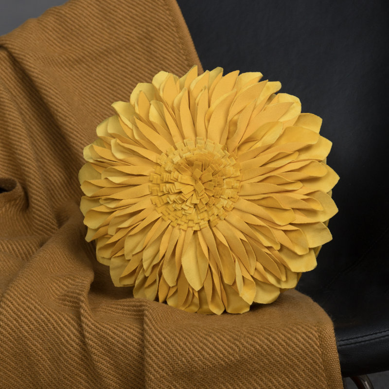 Appliqued Throw Pillow 3D Sunflower Accent Pillow Cover & Insert, Square 14", A Gold Yellow Canvas & Wool