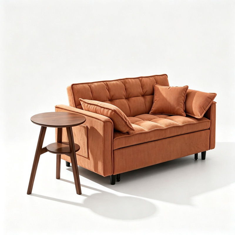 Canapé-lit pliant moderne 3 en 1 en velours côtelé de 140 cm avec 2 coussins lombaires et table d'appoint ronde à 2 niveaux en bois massif, ensemble de meubles multifonctionnels pour salon, chambre et bureau