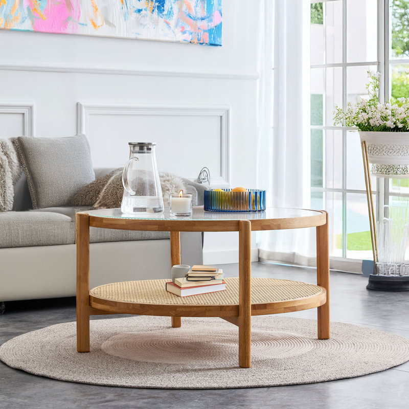 Modern Circular Solid Wood Tea Table With Rattan, Double-layer Round Side Table.