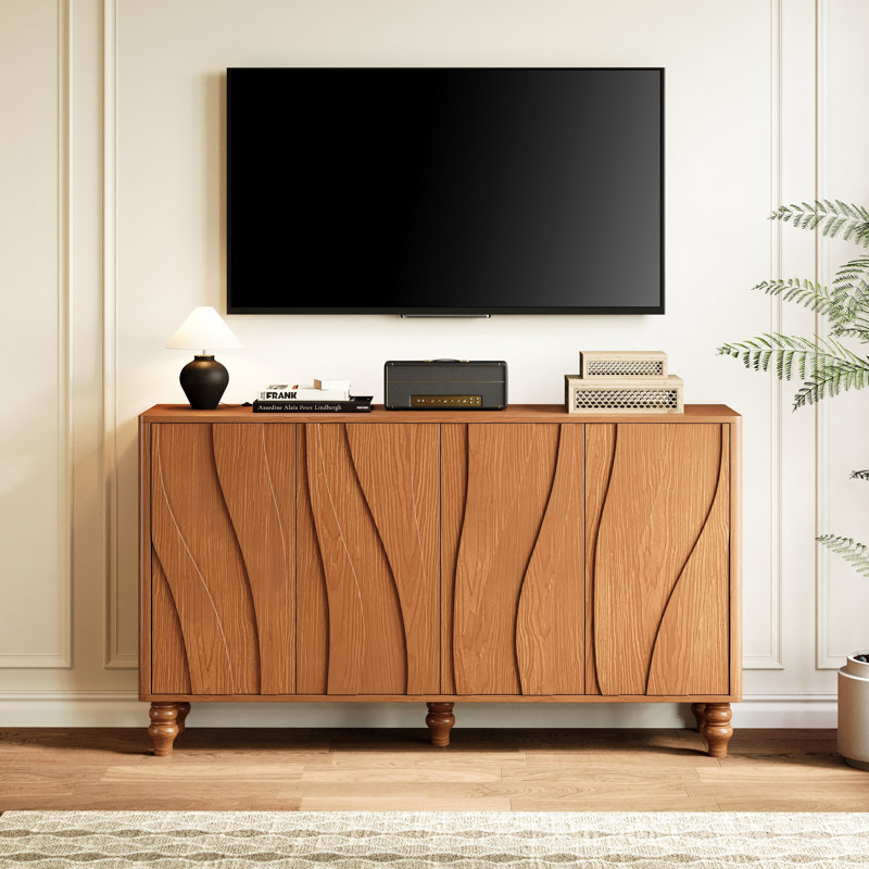 63" Wood Mid-Century Modern Tv Stand With 4 Doors And 2 Adjustable Shelves, High-Capacity  Accent Cabinet, Hand-Made Sideboard  With Solid Wood Feet