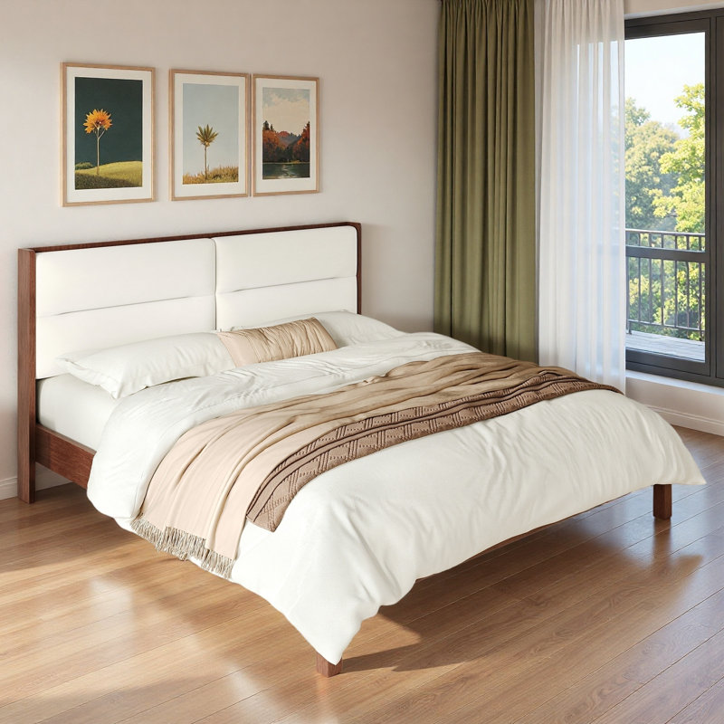Lit plateforme en bois avec tête de lit tapissier en velours, Espresso, Très grand lit