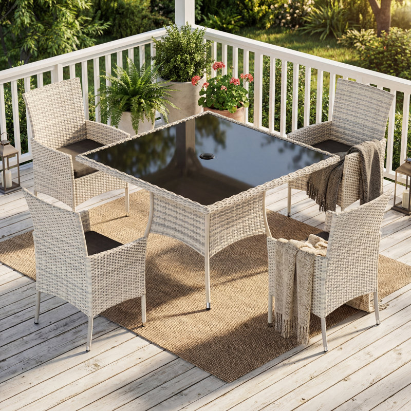 5-Piece Outdoor Rattan Dining Set With Cushions, Armchairs, And A Tempered-Glass Top Table, Black