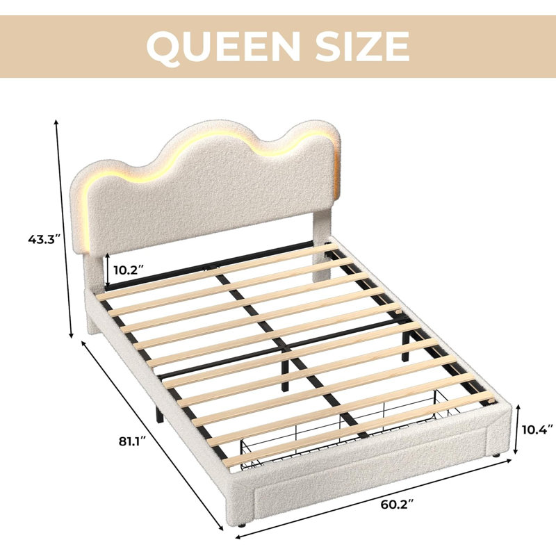 Grand cadre de lit tapissier à DEL avec tiroirs de rangement, Beige, Grand lit