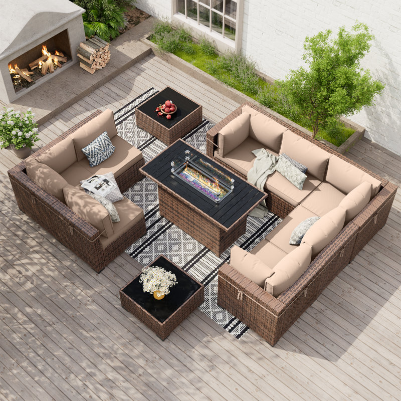 Mecayla 8-Person Rattan Wicker Set with Fire Pit Table, Khaki