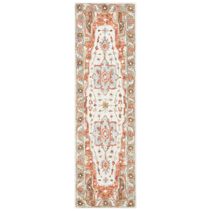 Tapis ivoire / rouge en laine touffeté à la main Marchesini, Tapis de couloir 2 pi 3 po x 8 pi