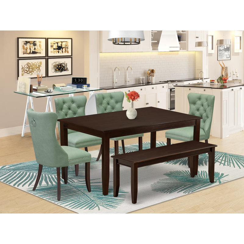 Cet ensemble de table de salle à manger 6 pièces C décore une table de cuisine rectangulaire et 4 chaises rembourrées avec un banc, acajou