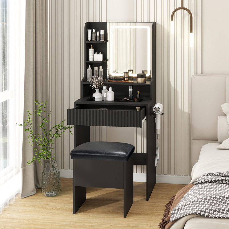 Dressing Table With Charging, Led Lighted Mirror Makeup Vanity With Storage Stool, Glass Tabletop, Black
