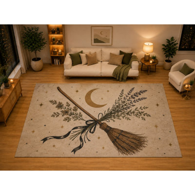 Tapis en forme de croissant de lune de style sorcière de 6 pi 7 po x 9 pi 10 po pour lit de chambre à coucher, envers antidérapant doux à poils courts, décoration botanique brun beige