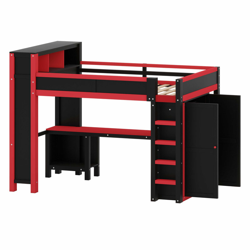 Lit mezzanine contemporain au design tout-en-un avec garde-robe, bureau, rangement supplémentaire et accès USB