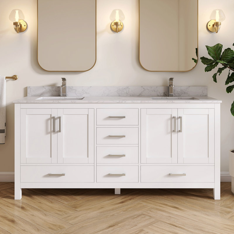 Meuble-lavabo double 72 po Aura entièrement assemblé avec comptoir Aura, White/Brushed Nickel, 72"
