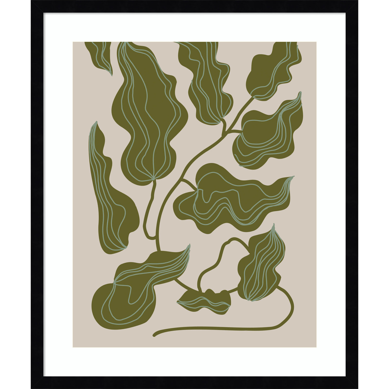 Expressive Abstract House Plant Green Print, Black, 25" H x 21" W x 1" D