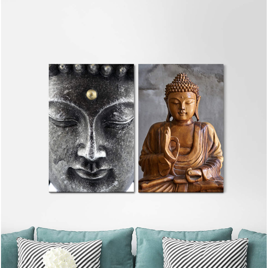 2-tlg. Leinwandbilder-Set - Fotografie „Buddha Head Statue Buddhism Meditation Yoga Mindfulness”