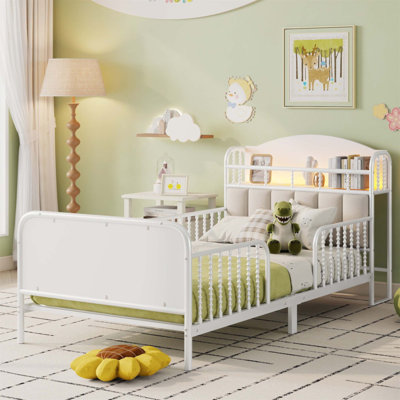 Metal Platform Bed Frame With LED Light, Upholstered Headboard, And Storage For Kids, Ideal For Modern And Traditional Rooms