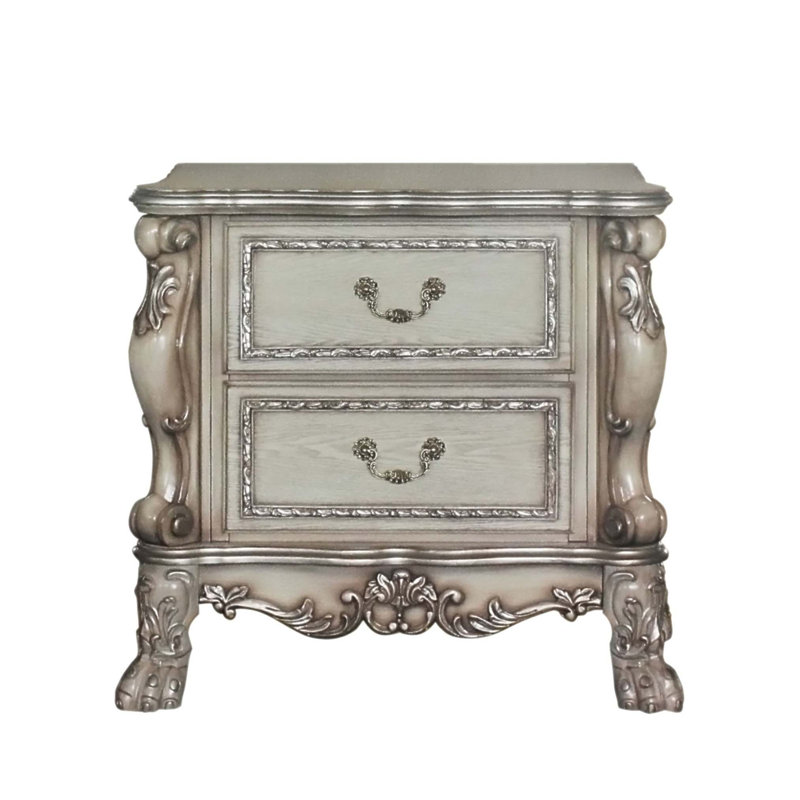 Table de chevet traditionnelle traditionnelle avec 2 tiroirs, finition os rétro, mobilier de chambre en bois de luxe, style rococo