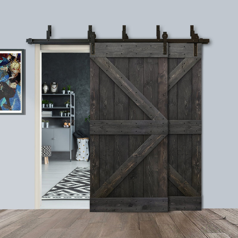 Porte de grange à panneaux et en bois avec quincaillerie d'installation, Noir anthracite, 48 po x 84 po