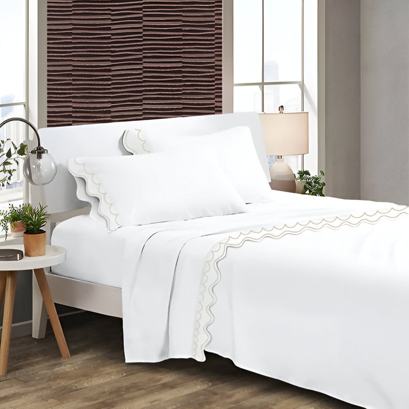 400TC Cotton Sateen Double Scallop Embroidery 4 Piece Sheet Set Fitted Sheet Fits Upto 16" Deep Pocket, Queen Sheet Set