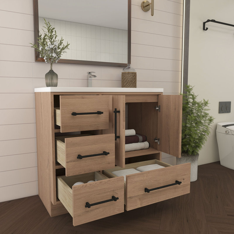 Meuble-lavabo simple 35,4 po avec plateau en acrylique Victoria, Chêne rouge