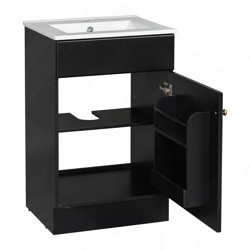 Meuble-lavabo de salle de bain avec lavabo, meuble-lavabo avec tablette de porte et tablette réglable, Noir / Argenté