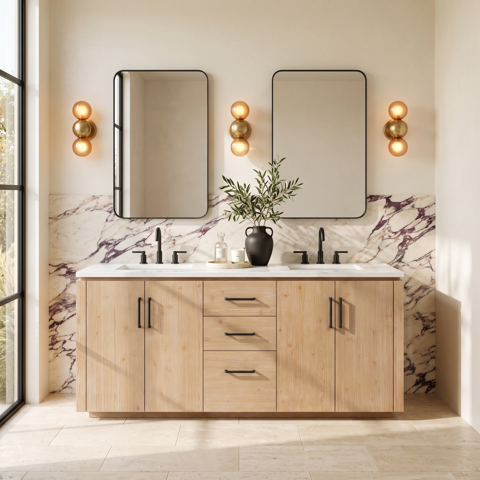 Cloverfield 72'' Double Bathroom Vanity, Fir Wood Brown, Matte Black