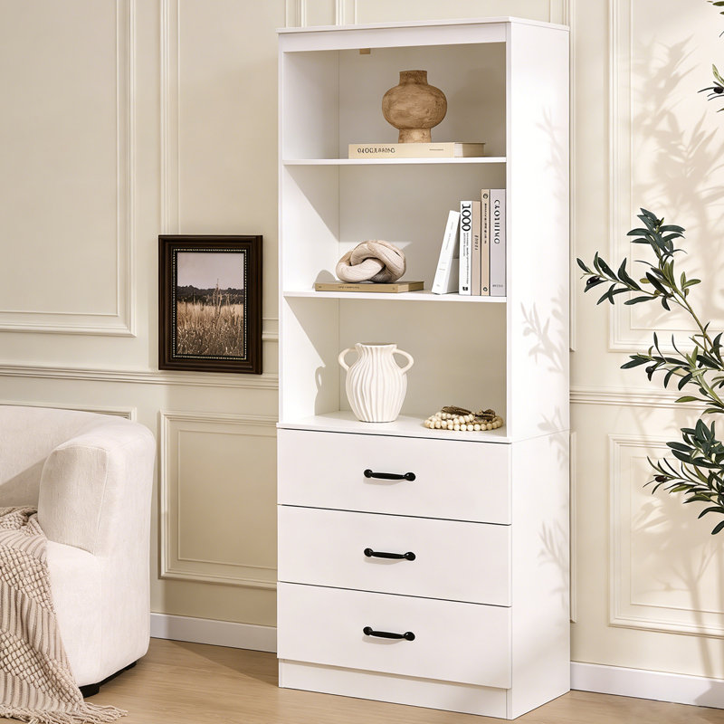 70'' Tall Bookshelf And Bookcase With 3 Open Shelves And 2 Storage Drawers, Wood Bookcase Storage Cabinet For Living Room, Bedroom, Home Office, White