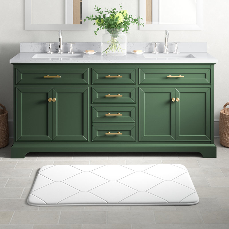 Meuble-lavabo double avec plateau en pierre artificielle Currahee, Evergreen / or brossé