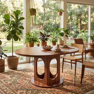 Table de salle à manger extensible transformable de ronde en ovale, style campagnard moderne du milieu du siècle, pouvant accueillir de 4 à 8 personnes pour les repas en famille ou entre amis, avec base stable et pieds réglables, marron