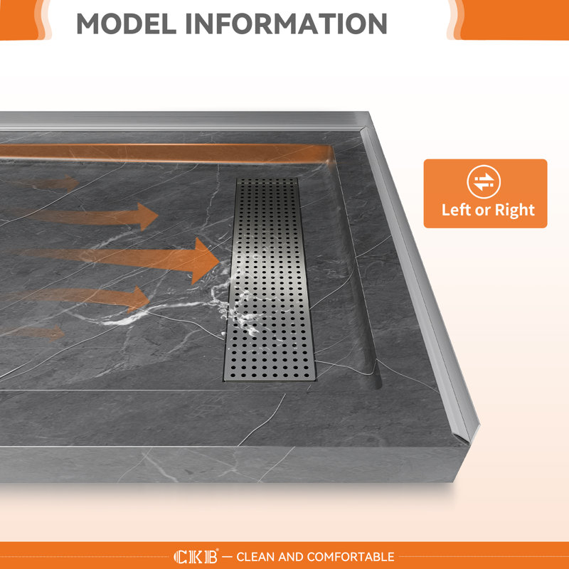 48" x 32" Shower Base with Linear Drain and Removable Flanges, Reversible Drain Acrylic Shower Pan for Multiple Threshold Configurations, Marble Gray