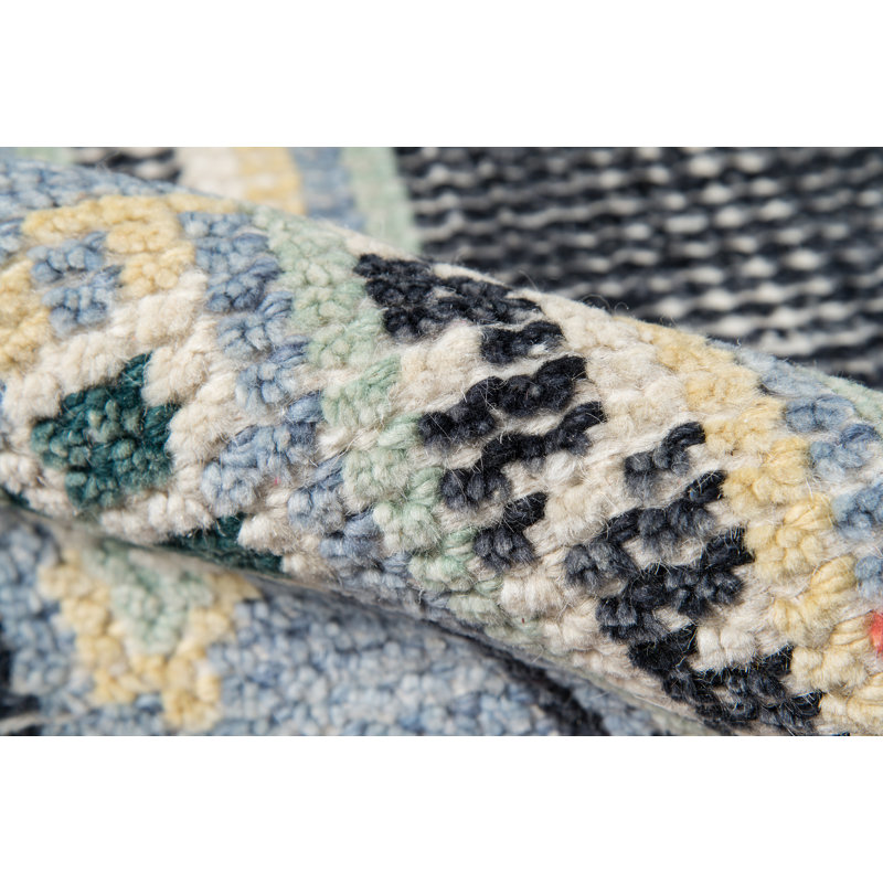 Tapis bleu / gris / vert en laine / coton noué à la main Capriola, Rectangle 2 pi x 3 pi