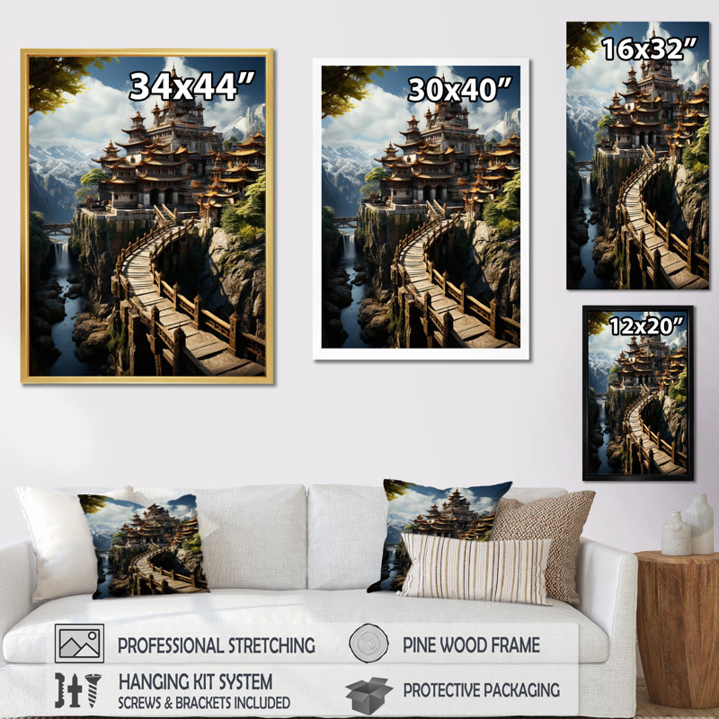 Art asiatique, monastère tibétain II - Impression sur toile asiatique, H 20 po x l 12 po x P 1 po, Cadre photo noir