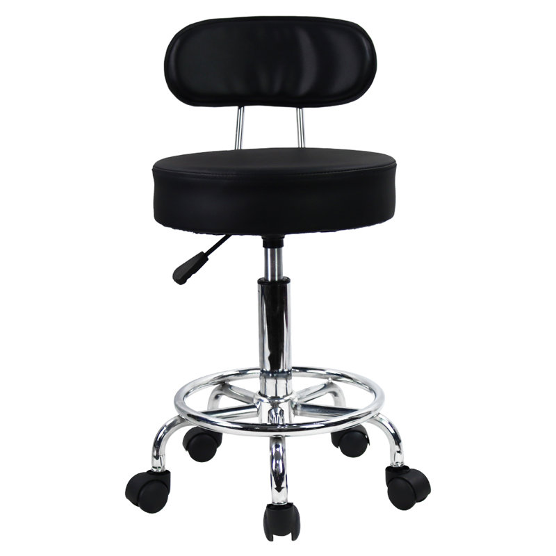 Backed Adjustable Height Ergonomic Lab Stool with Footring Wheels, Black