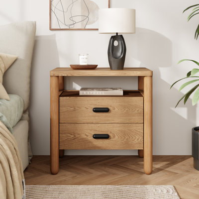 Lane Modern 2-Drawer Nightstand with Open Shelf & Rounded Wood Legs