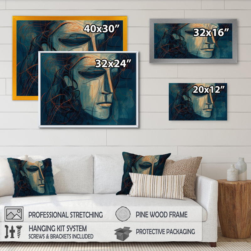 Portrait linéaire d'un homme I sur toile, Cadre d'angle fermé noir, H 16 po x l 32 po x P 1 po