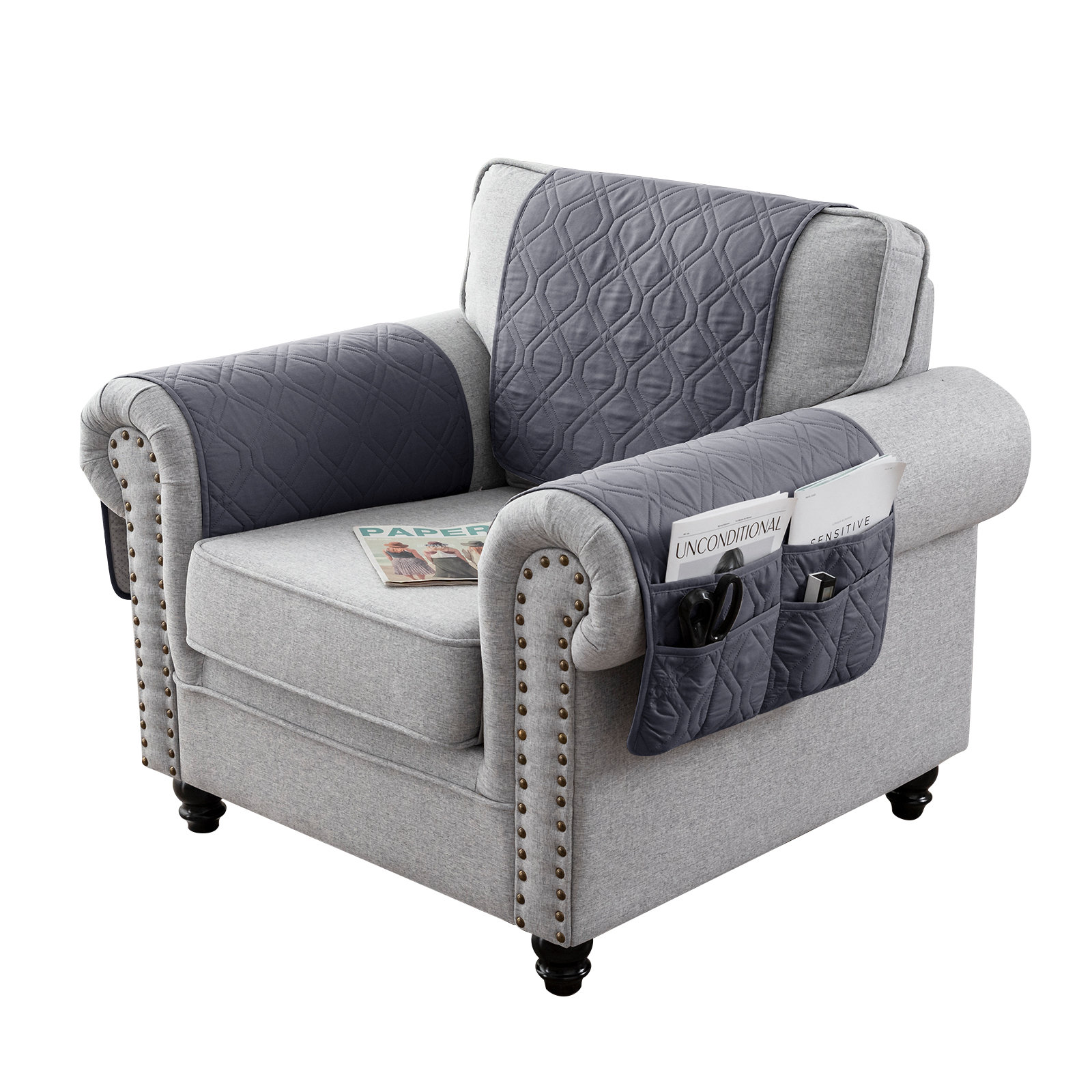 Alcott Hill Box Cushion Armchair Slipcover with Side Pocket Storage Bag ...