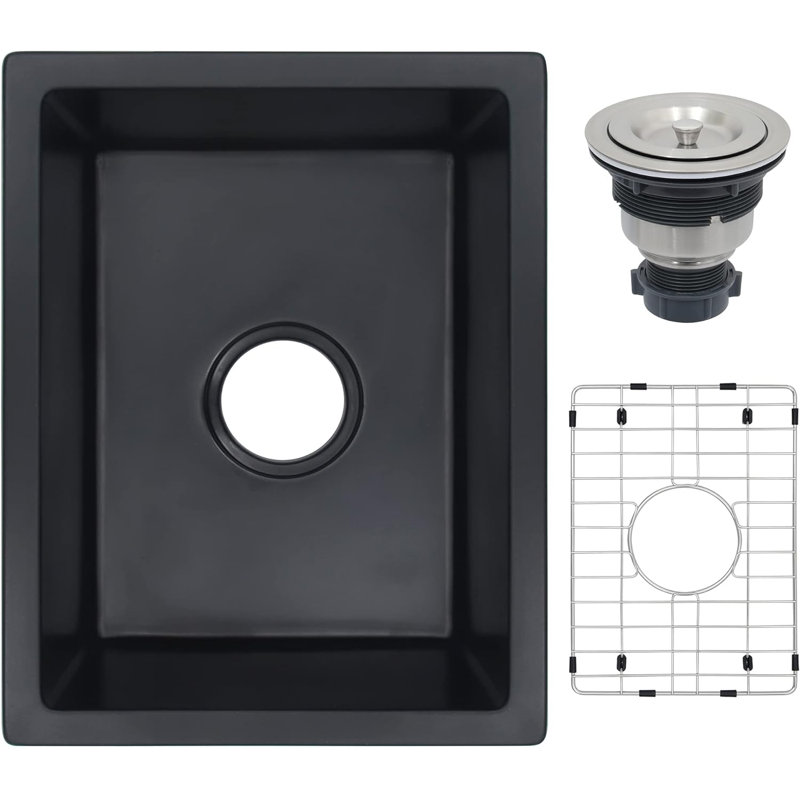 Évier de bar en granite avec grille d'évier et crépine Lqsqua L 14 po x l 18 po, Noir