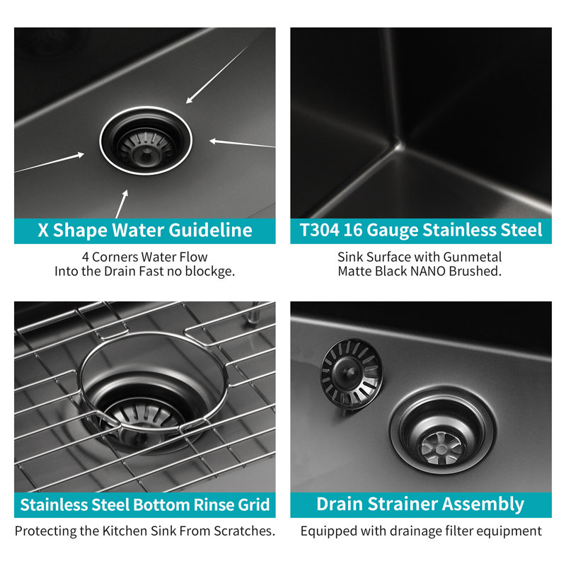 33'' Black Stainless Steel Single Bowl Drop-In Kitchen Sink