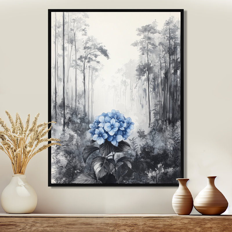Hydrangée dans une forêt monochrome, Noir, Reproduction avec cadre flottant, H 20 po x l 12 po