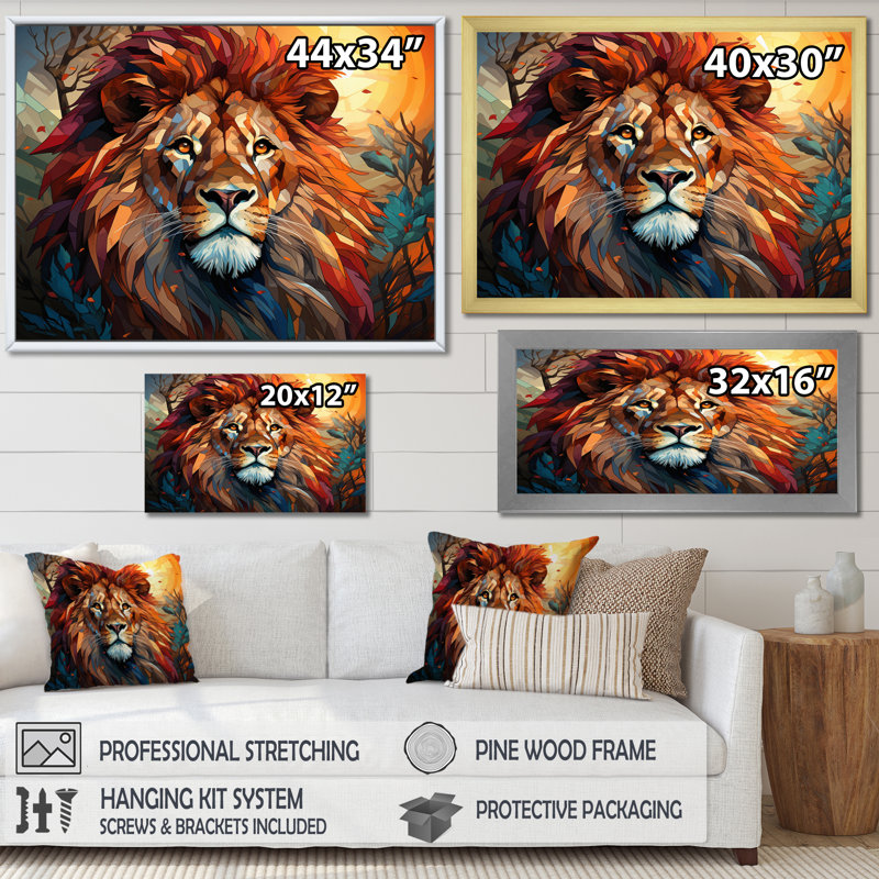 Lion Regal King Geometric On Canvas Print, H 16 po x l 32 po x P 1 po, Cadre flottant doré