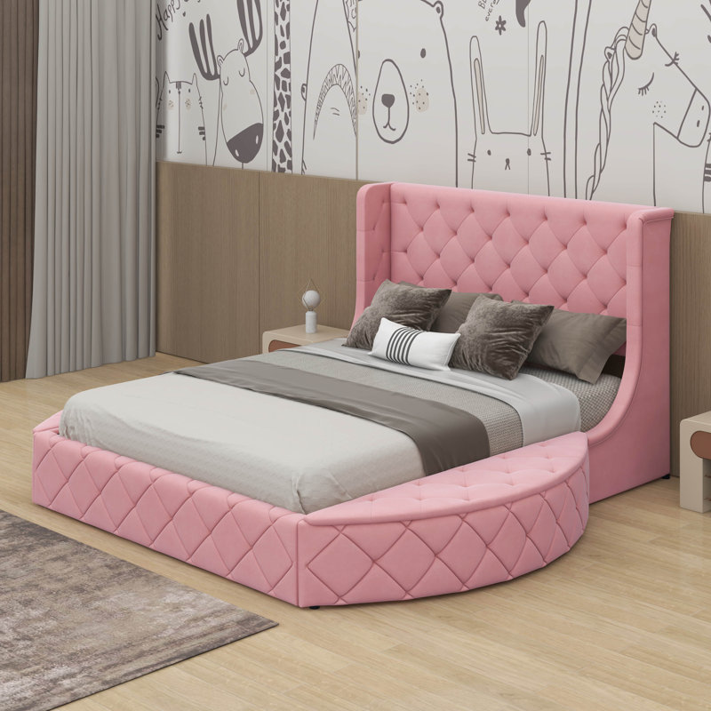 Grand lit plateforme tapissier en velours avec tête de lit et tiroir, Rose