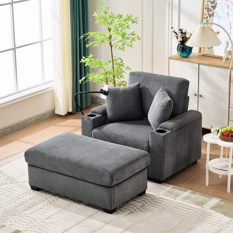 Méridienne surdimensionnée grise de 55 po avec rangement, porte-gobelet, support pour téléphone et port de charge, cadre en bois de pin massif et mousse haute densité pour chambre à coucher inclinable moderne, port